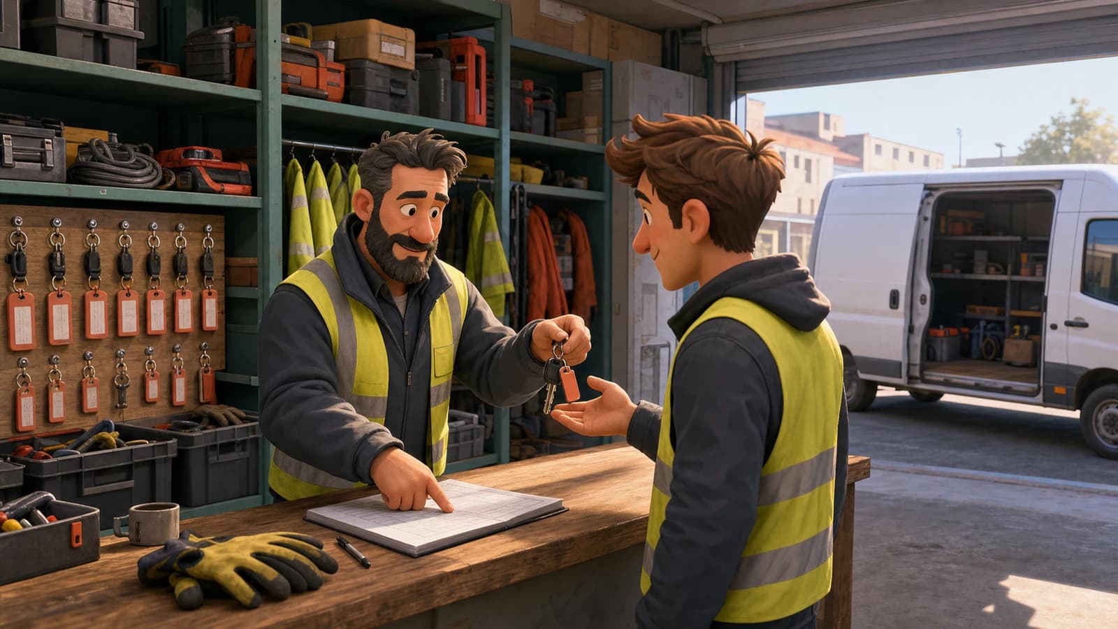 Illustration comics du cas d’usage Savoir qui a clés, outils, EPI ou ordinateur